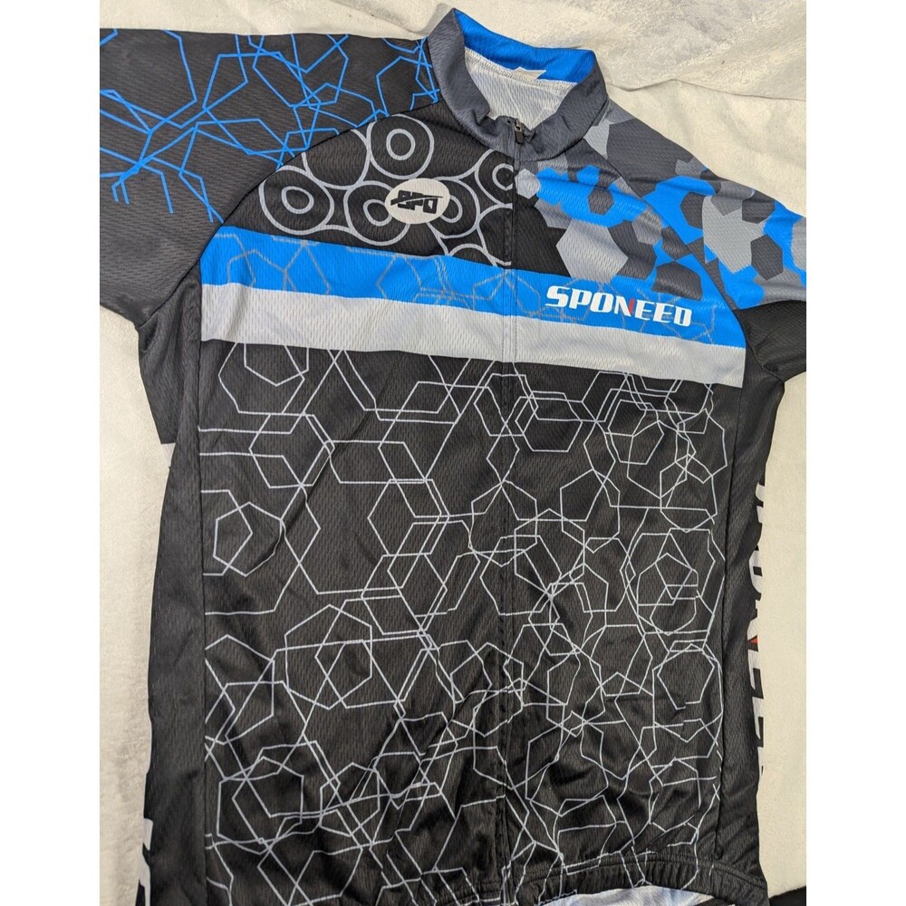 SPONEED Men's XXL Cycling Jersey Full Zip Blue Black Road Bike Shirt Geometric